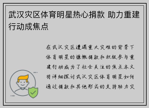 武汉灾区体育明星热心捐款 助力重建行动成焦点